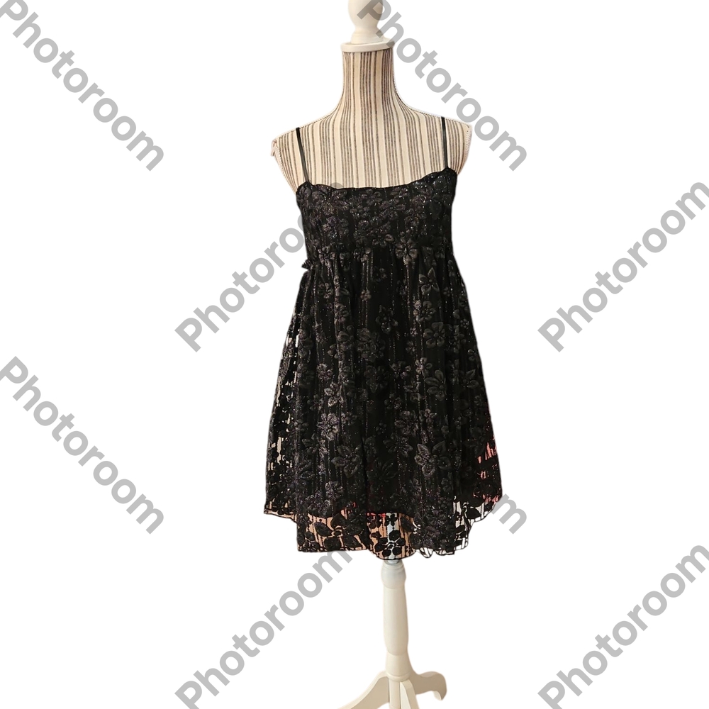 Free People Woman All That Glitters Babydoll Black Lace Mini Dress SizeSP